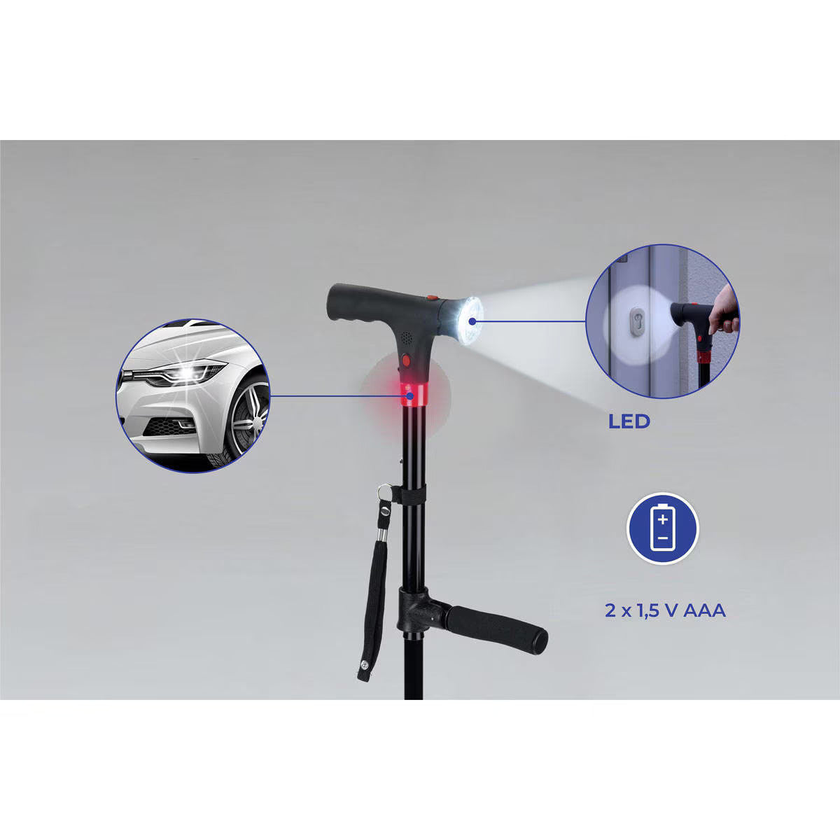 Baston telescopic de sprijin, pliabil cu al doilea maner, lanterna LED