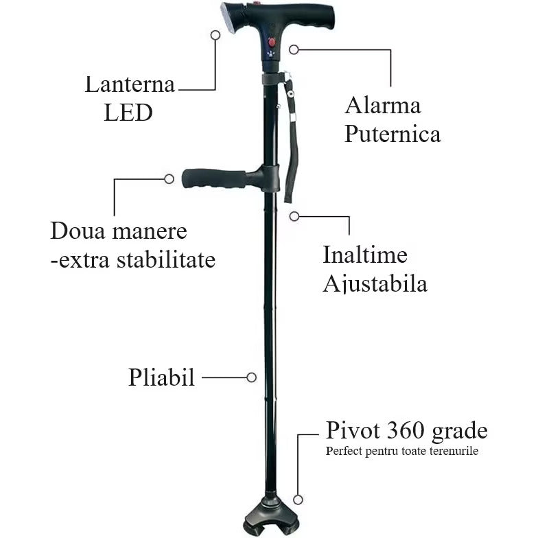 Baston telescopic de sprijin, pliabil cu al doilea maner, lanterna LED